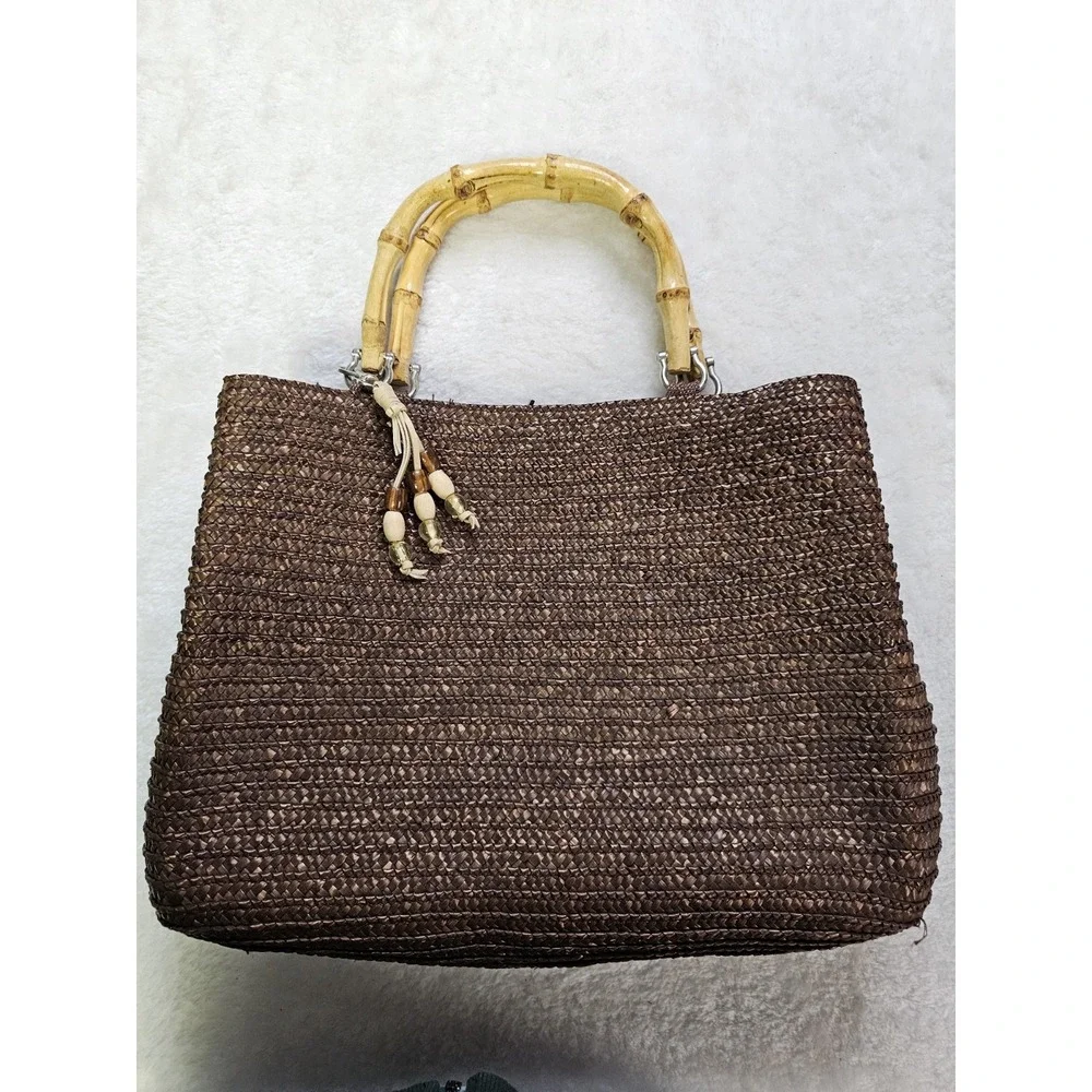 White Stag Woven Straw Tote Bag With Faux Bamboo‎ Handles Boho Purse
